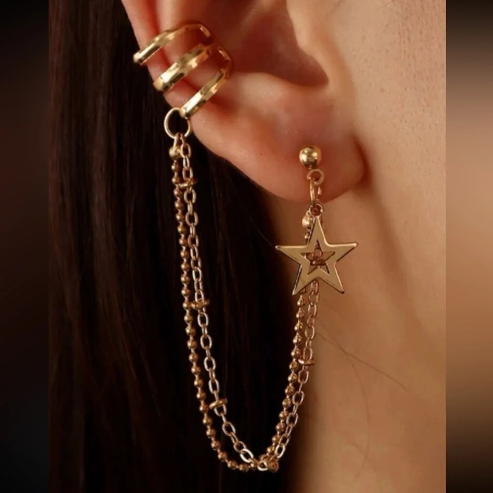 Gold 1pc Star Ear Cuff Linked Earring